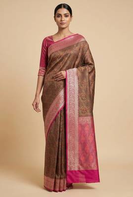 brown semi silk tanchoi banarasi saree with pink border 1