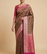 brown semi silk tanchoi banarasi saree with pink border