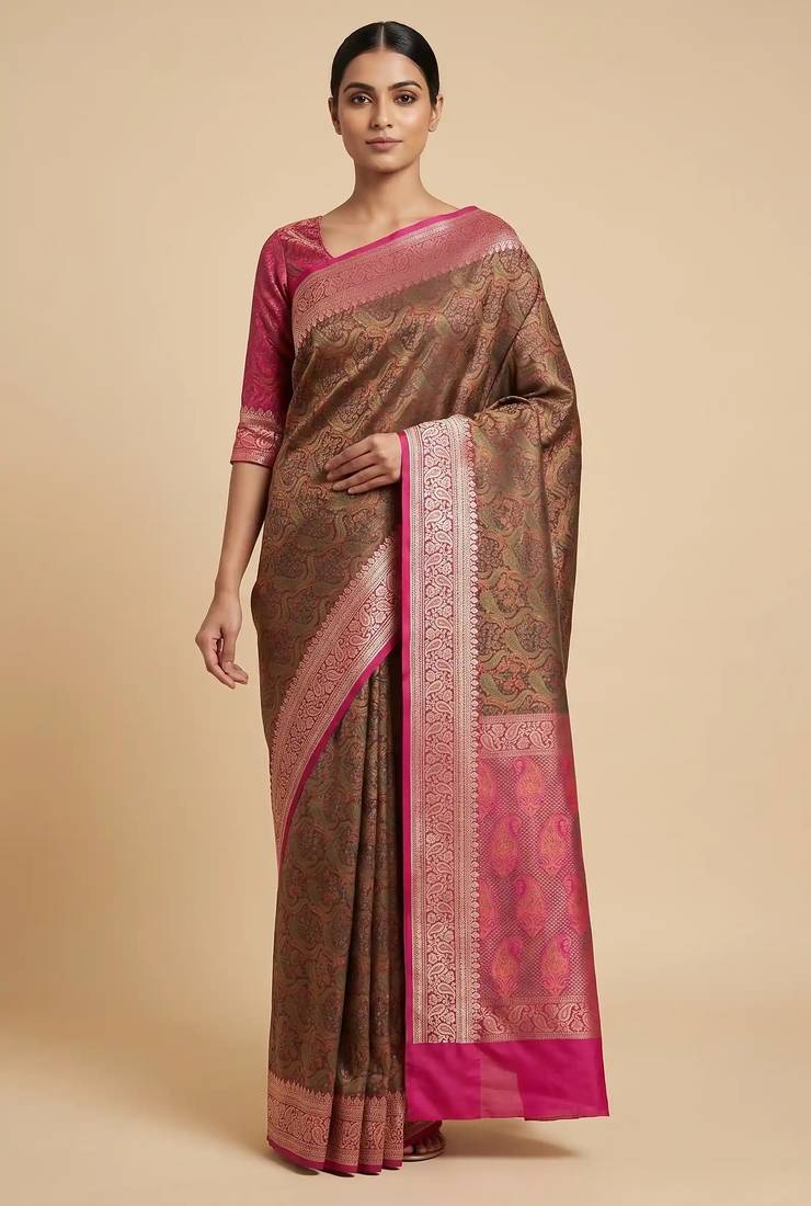 Banarasi semi silk saree in  contrast shade  with  tanchoi   work