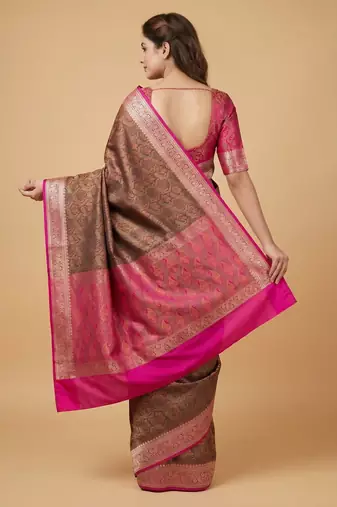 brown semi silk tanchoi banarasi saree with pink border