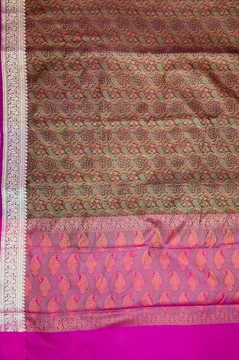 brown semi silk tanchoi banarasi saree with pink border