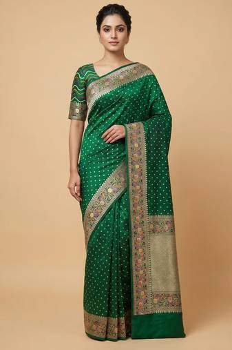Banarasi mashru silk saree in  green  with  floral zari with booti   work
