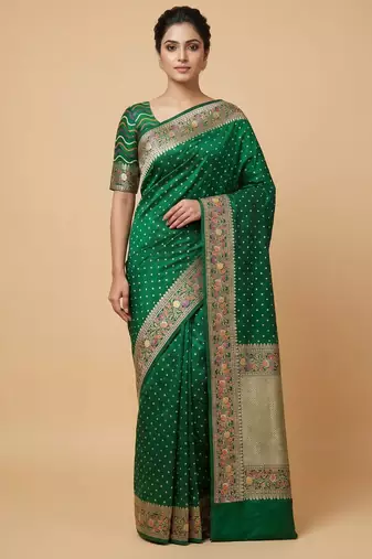 Banarasi mashru silk saree in  green  with  floral zari with booti   work