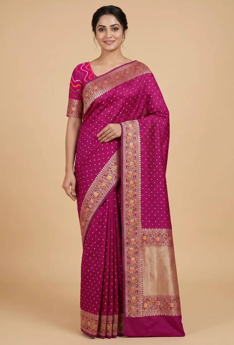 Banarasi mashru silk saree in  rani pink with  floral zari with booti   work