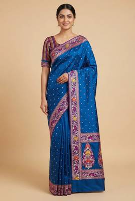 royal blue floral zari booti banarasi silk saree 1
