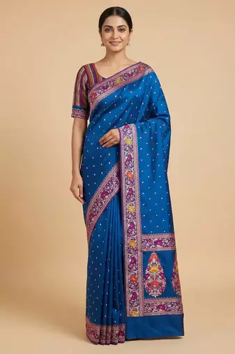 Banarasi mashru silk saree in  royal blue with  floral zari with booti   work