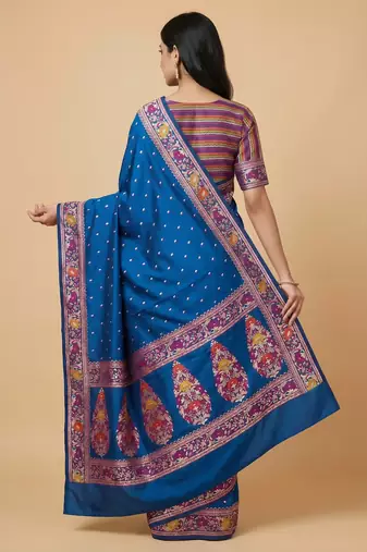 royal blue floral zari booti banarasi silk saree