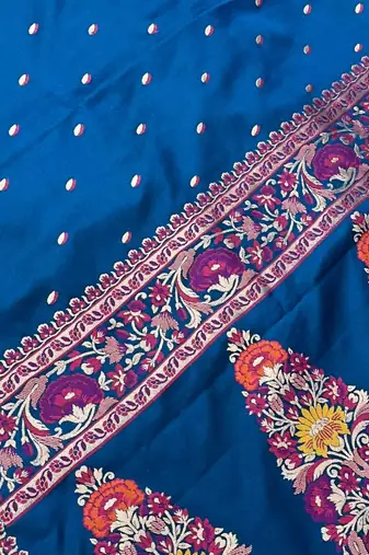 royal blue floral zari booti banarasi silk saree