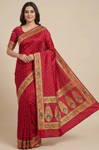 Banarasi mashru silk saree in  red with  floral zari with booti   work