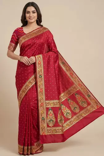Banarasi mashru silk saree in  red with  floral zari with booti   work