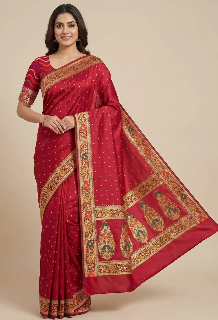 Banarasi mashru silk saree in  red with  floral zari with booti   work