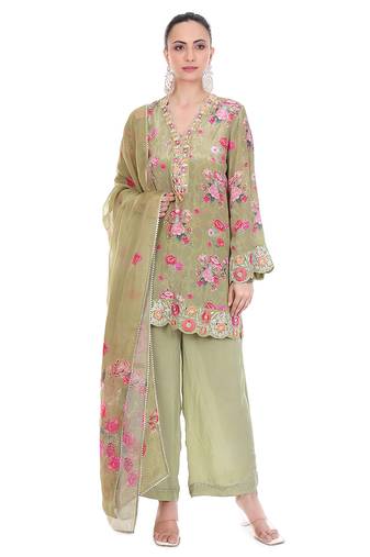  Green embroidered crepe kurta set
