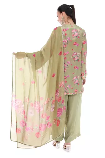 sea green crepe embroidered kurta pant dupatta set