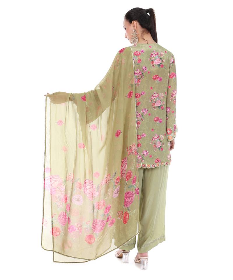  Green embroidered crepe kurta set