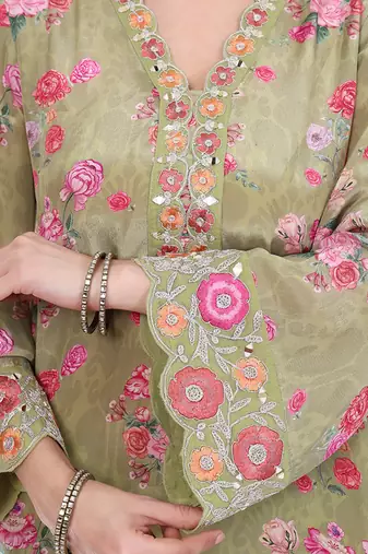 sea green crepe embroidered kurta pant dupatta set