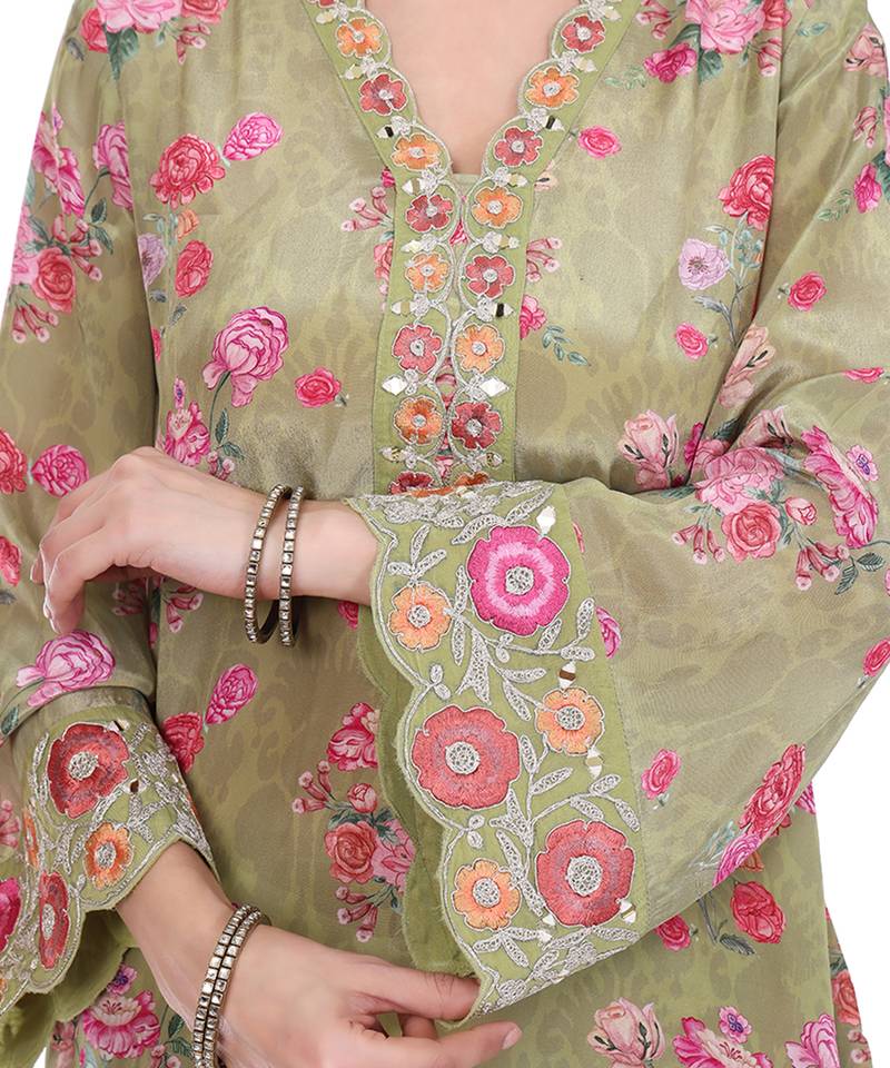  Green embroidered crepe kurta set