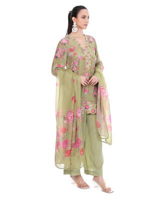 sea green crepe embroidered kurta pant dupatta set 4