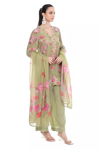 sea green crepe embroidered kurta pant dupatta set
