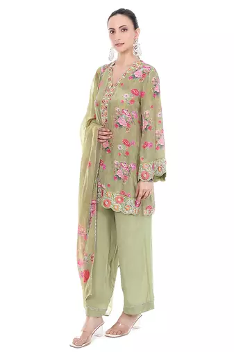 sea green crepe embroidered kurta pant dupatta set