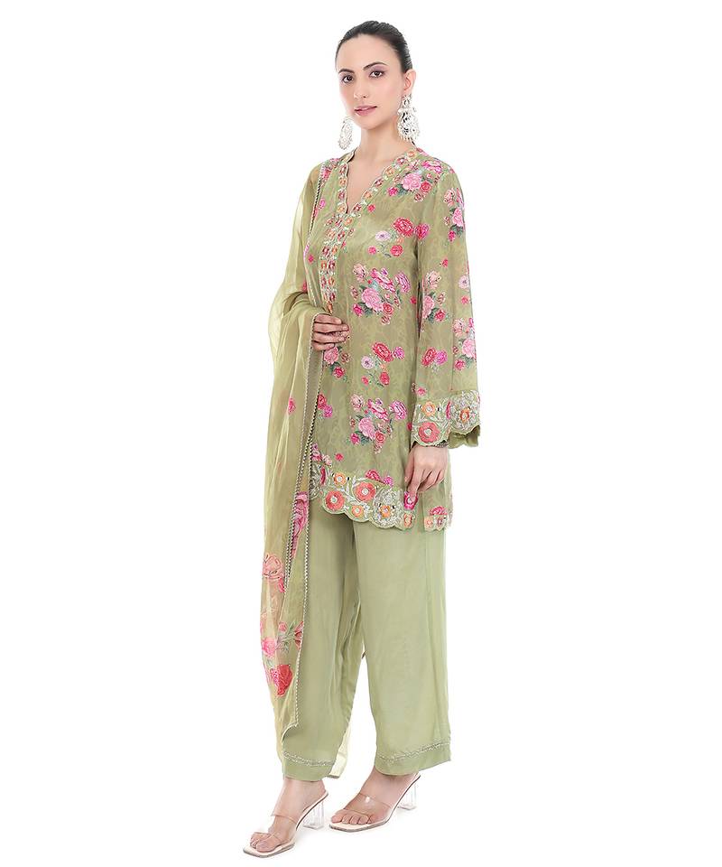  Green embroidered crepe kurta set