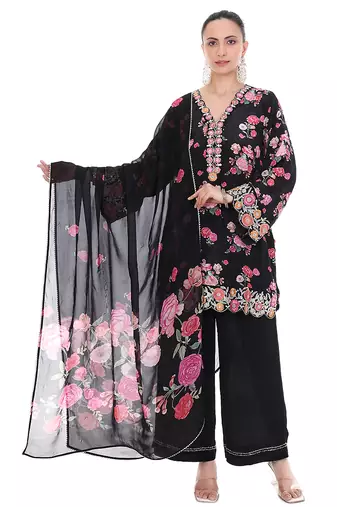 Black printed crepe kurta set