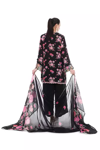 black crepe kurta set with printed floral work