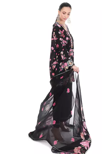 black crepe kurta set with printed floral work