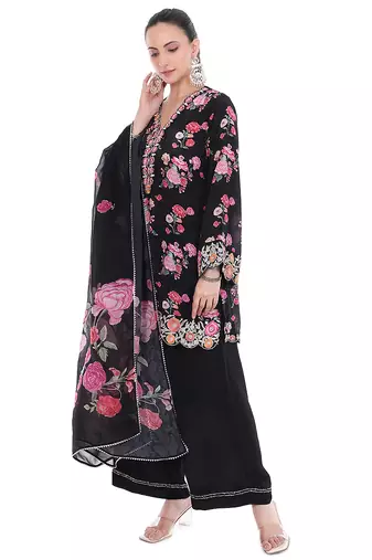 black crepe kurta set with printed floral work