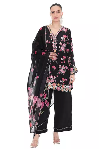 black crepe kurta set with printed floral work