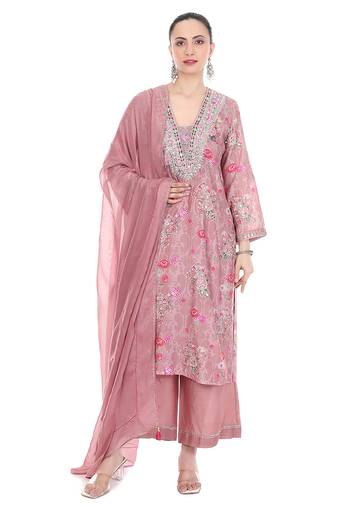 Pink embroidered cotton silk kurta set