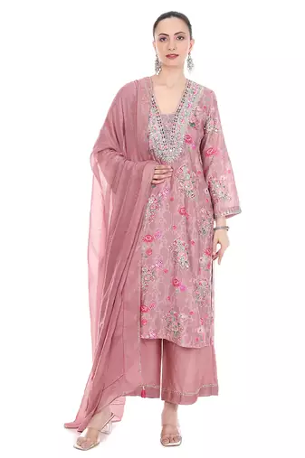 Pink embroidered cotton silk kurta set