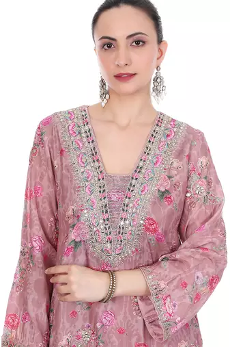 pink cotton silk kurta set with embroidered work