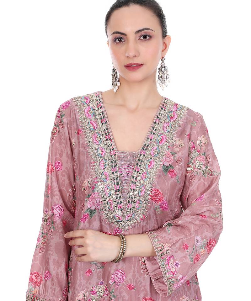 Pink embroidered cotton silk kurta set