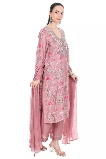 pink cotton silk kurta set with embroidered work