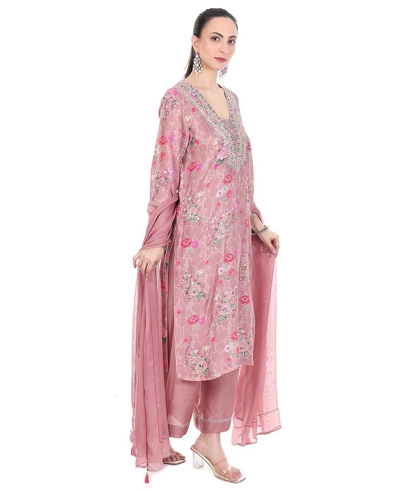 Pink embroidered cotton silk kurta set