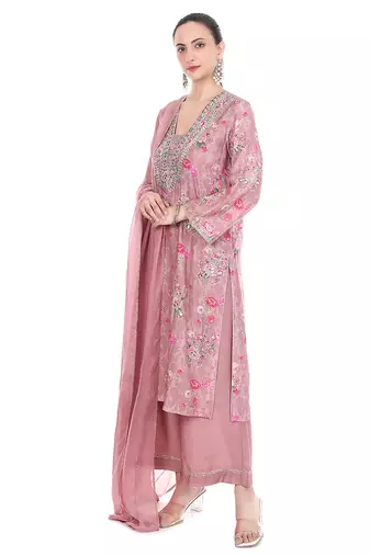pink cotton silk kurta set with embroidered work