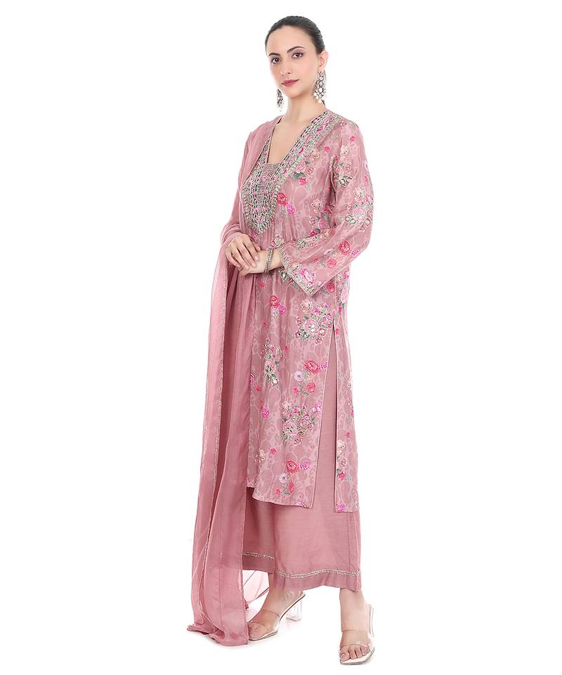 Pink embroidered cotton silk kurta set