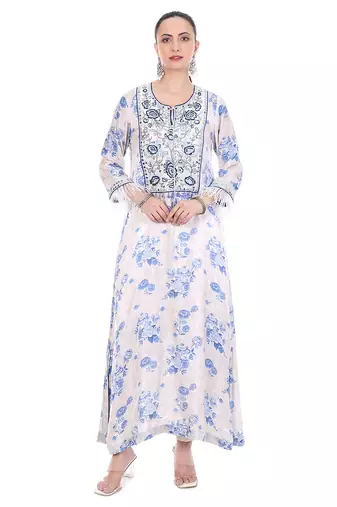 Blue White printed crepe kaftan