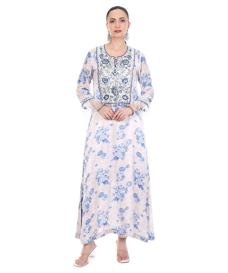 Blue White printed crepe kaftan