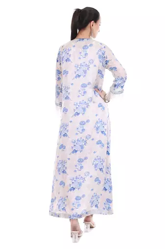 white crepe kaftan with printed floral design