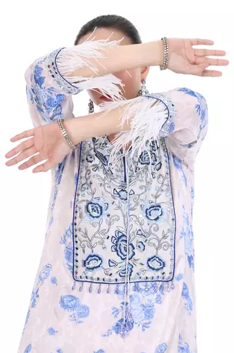 white crepe kaftan with printed floral design