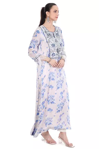 white crepe kaftan with printed floral design