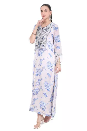 white crepe kaftan with printed floral design