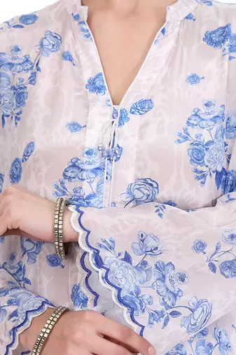 blue crepe co ord set with printed floral design