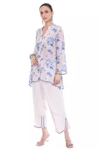 blue crepe co ord set with printed floral design