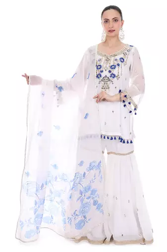 White embroidered organza sharara set