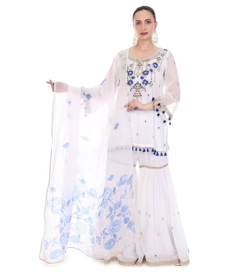 White embroidered organza sharara set
