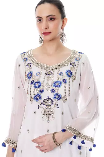 white organza sharara set with mirror embroidery