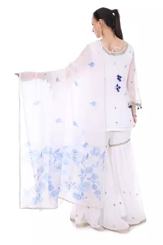 white organza sharara set with mirror embroidery