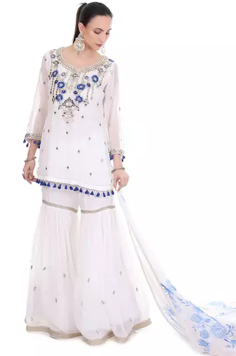 white organza sharara set with mirror embroidery